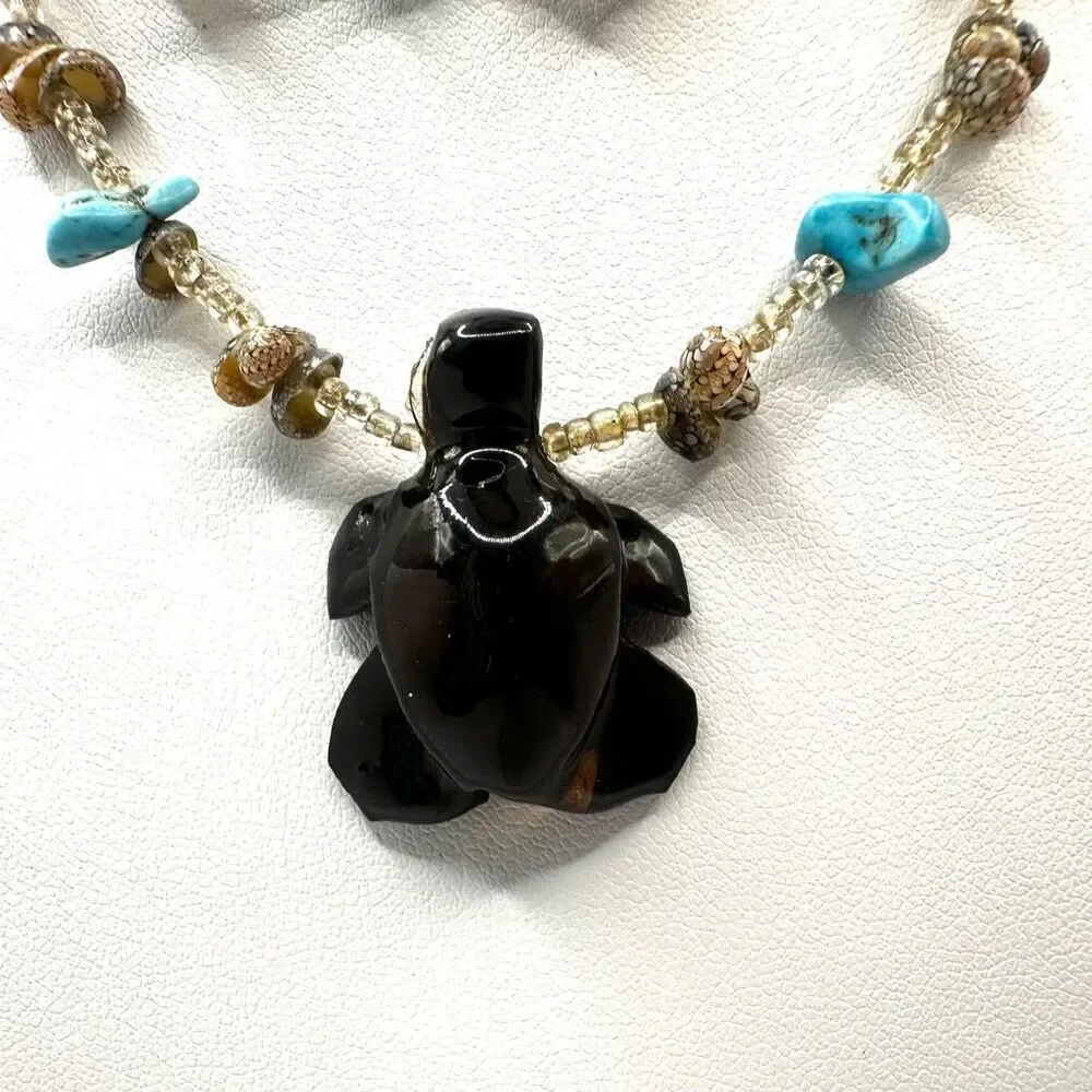 Turquoise and shell wood turtle long pendant necklace